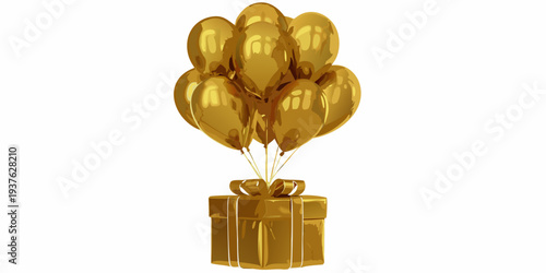 Golden balloons tied to a gift box celebrating a special occasion