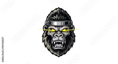 Fierce gorilla head illustration with glowing eyes and metal headphones