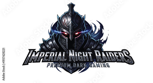 A knight's helmet with glowing red eyes surrounded by dark, metallic armor and blue accents, symbolizing a gaming logo
