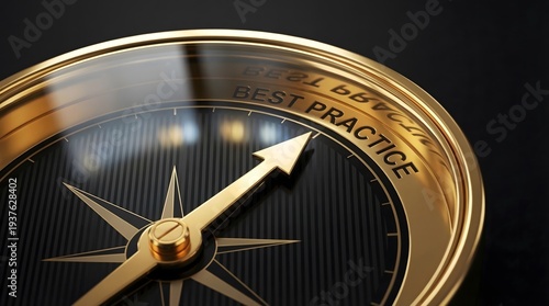 Best Practice Compass Concept with Golden Navigation Dial Symbolizing Strategic Excellence, Professional Standards, Leadership Guidance, and Business Performance Optimization