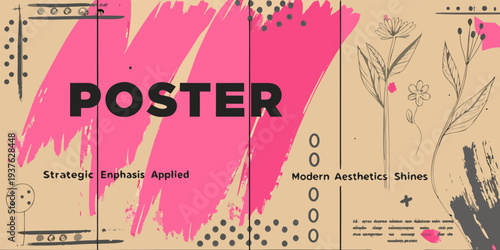 Abstract poster design featuring pink brushstrokes floral illustrations and text