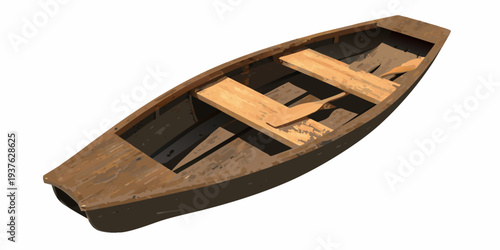 An overhead view of a weathered empty wooden rowboat on white