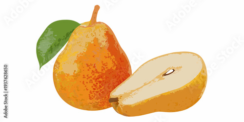 A vibrant illustration depicts a whole pear and a halved pear