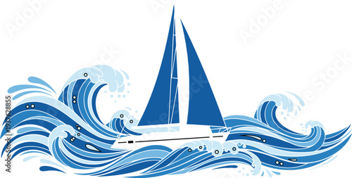 Sailboat Sailing Through Ocean Waves Vector Illustration with Dynamic Blue Sea Water Splash Nautical Adventure Marine Travel and Summer Vacation Design