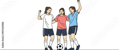 Girls Soccer Team Celebration Vector Illustration with Female Football Players Standing Together with Ball Showing Teamwork Victory and Sports Friendship Concept