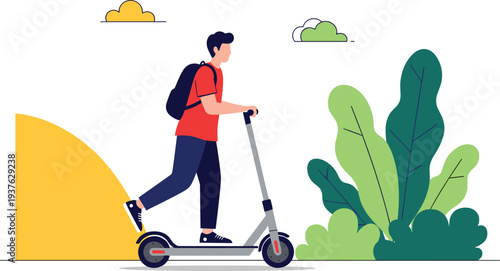 Young Man Riding Electric Scooter Vector Illustration with Backpack Urban Eco Transport Concept for City Commuting Sustainable Mobility and Modern Lifestyle Design