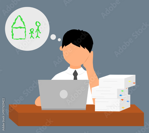 Tired employee with stacked paperwork on the desk. Feeling tired and missing family at home.