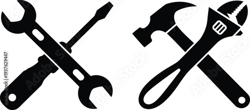 Repair tools silhouette set wrench screwdriver hammer pliers adjustable spanner crossed icons black vector mechanic equipment illustration isolated
