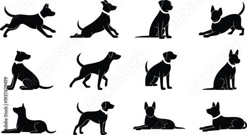 Set of dog silhouette poses collection showing sitting running standing playing puppies isolated black vector icons for pet animal design