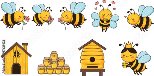 Cute Cartoon Bee Vector Set with Honey Jars Beehive Flowers and Queen Bee Characters for Kids Nature Illustration Spring Garden and Beekeeping Theme Design