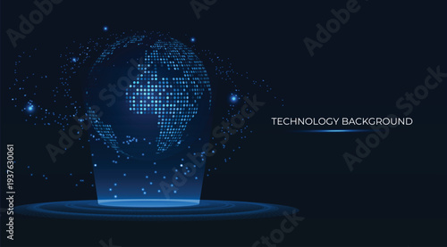 Holographic projection of a spherical world map glowing with pulsating blue lights and optical fibers. Concept of big data, data flow, technology, and futuristic global technological innovation. Tech