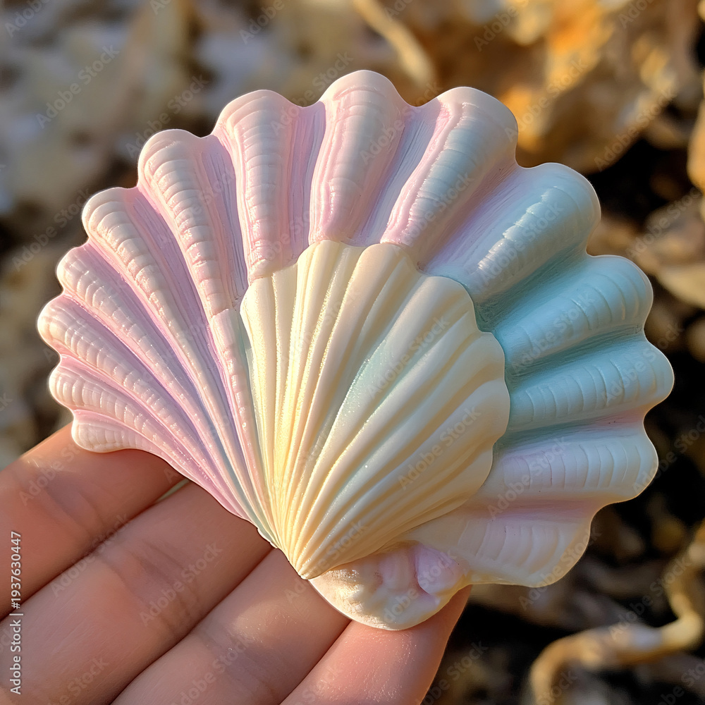 Fototapeta premium A beautiful pastel rainbow seashell resting in a human hand
