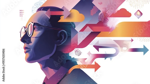 Visionary thinker surrounded by creative symbols and arrows