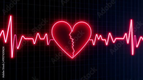 Neon heartbeat line pulses on grid background.Broken heart syndrome,for health or technology concepts.
