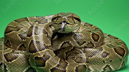 Close-up view of a large, patterned snake with its head facing forward and tongue slightly out, coiled against a vibrant green background.