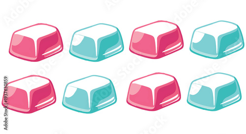 Colorful ice cubes in pink and blue on white background