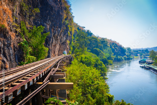 The Death Railway crossing kwai river with Krasae Cave in Kanchanaburi Thailand. Important landmark and destination to visiting and world war II history builted