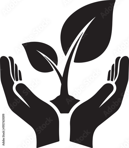 Hands Holding Plant Sprout – Eco Friendly Growth Concept Black Silhouette Vector. Hands holding a plant sprout symbolizing growth and nurturing eco friendly concept.