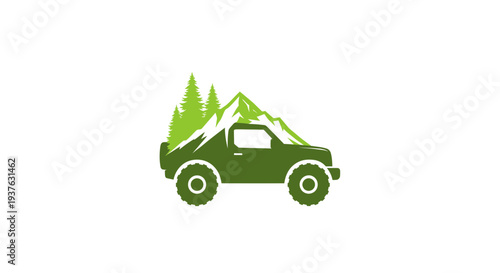 Off-road Car with Mountains and Pine Trees Logo Design