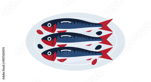 Three Sardines on a Plate with Olives, Simple Flat Design Illustration