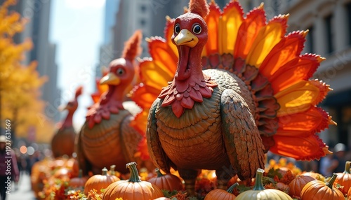 Giant turkey float with pumpkins and fall leaves moves through city street. People watch parade celebrating autumn holiday with festive joy and community spirit.