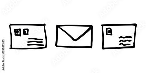 Set of hand drawn envelope with letter inside Mail and correspondence doodle Love, communication, invitation Single element for design, print, decor