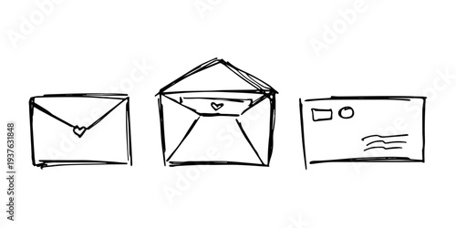 Set of hand drawn envelope with letter inside Mail and correspondence doodle Love, communication, invitation Single element for design, print, decor