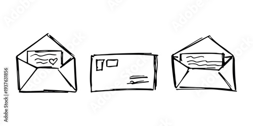 Set of hand drawn envelope with letter inside Mail and correspondence doodle Love, communication, invitation Single element for design, print, decor