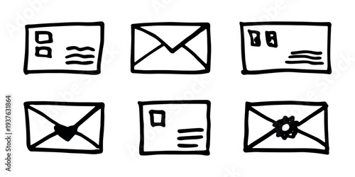 Set of hand drawn envelope with letter inside Mail and correspondence doodle Love, communication, invitation Single element for design, print, decor