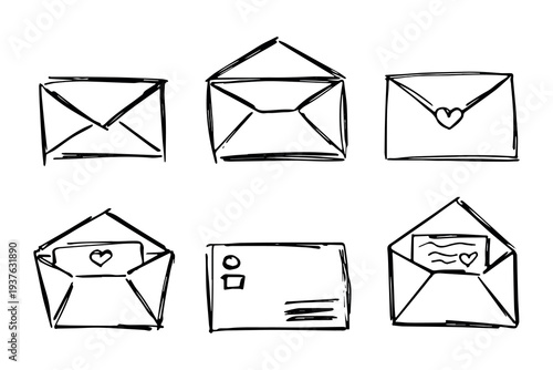 Set of hand drawn envelope with letter inside Mail and correspondence doodle Love, communication, invitation Single element for design, print, decor