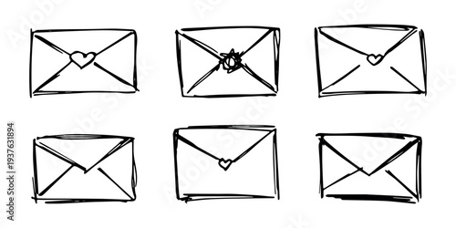 Set of hand drawn envelope with letter inside Mail and correspondence doodle Love, communication, invitation Single element for design, print, decor