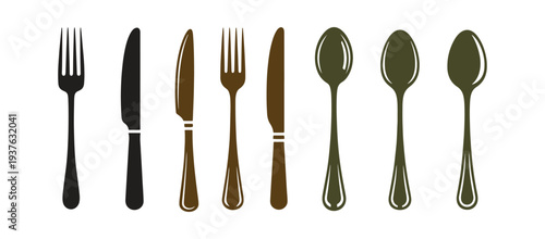 Colorful kitchen cutlery glyph icon set for dining accessories. Vector illustration isolated on a white background.