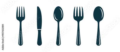 Decorative glyph icon of fork, knife, and spoon representing kitchen dining tools. Vector symbol on white background.