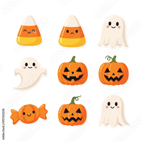 Halloween pumpkins cartoon set with scary faces and autumn decorations