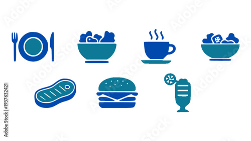 Simple blue food icons including burger, soup bowl, coffee cup, and sausage in flat vector style.