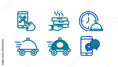 Modern food delivery icons including smartphone ordering, scooter delivery, tray service, and clock.
