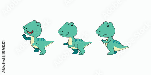 Green cartoon dinosaur waves cheerfully. Three frames show its joyful movement. Simplified design suits children's content. Friendly character evokes fun and play