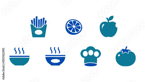 Flat vector food icons including french fries, apple, orange slice, soup bowls, and tomato.