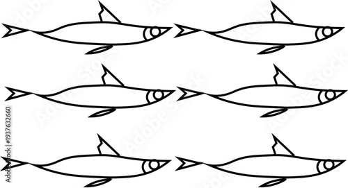 Black  funky crayon drawn decorative sardines. Cartoon stickers of fish. Bright doodle illustration with pencil cute texture. Kid drawn sardine, tuna, salmon, mackerel. vector illustration .
