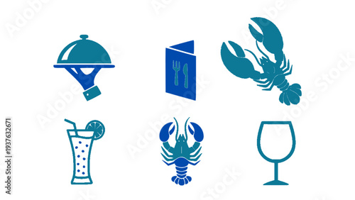 Flat seafood and beverage icon set including lobster, cocktail glass, wine glass, and serving tray.