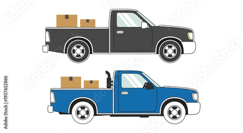 Two distinct vector pickup truck illustrations, one black and one blue, transporting cargo boxes