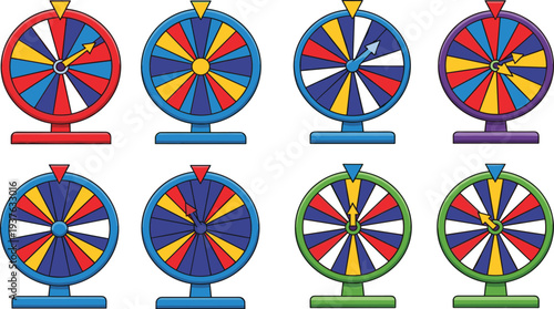 Lucky Prize Spin Wheel Collection for Carnival Game Show Contest Raffle Draw Casino Promotion and Random Decision Vector Illustration.