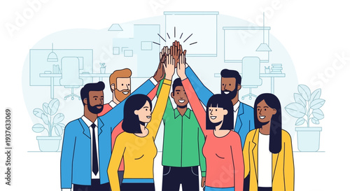 Diverse business team high five in office celebrating teamwork success and workplace collaboration