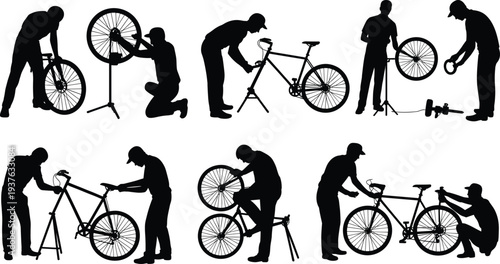 Black Silhouette Collection of Bicycle Mechanics Repairing Bikes, Technicians Fixing Wheels and Frames, Vector Flat Illustration for Cycle Maintenance Workshop,