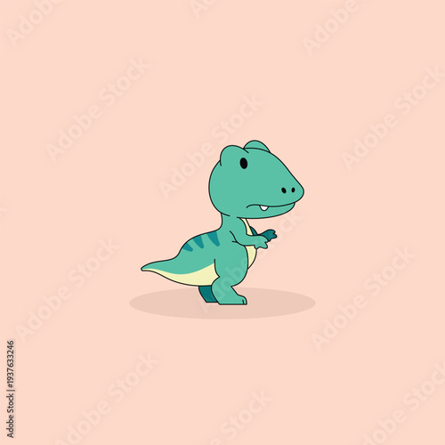 Cute green baby velociraptor or raptor cartoon character, adorable dinosaur vector illustration isolated on pink