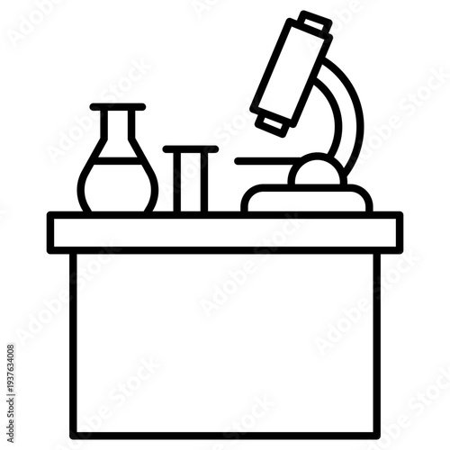 Science Lab Desk with Microscope and Flasks Line Art