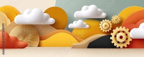 Panel kuchenny z motywem Abstract vector scene of yellow clouds, gears, and hills symbolizing technology, design, and creativity