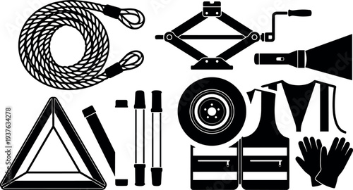 Flat design roadside emergency kit icons close up car jack coiled rope warning triangle spare wheel reflective vest gloves flashlight tire iron