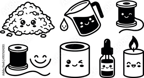 Minimalist kawaii line art craft supply icons close up smiling glue jar candle dropper bottle thread spool resin smile sticker