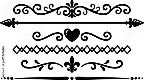 Ornamental vintage vector dividers flourish set with arrow heart fleur de lis decorative swirls horizontal separators in silhouette elegant black